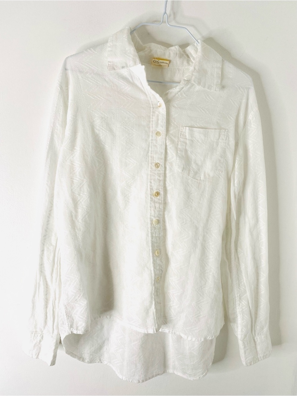 C&C California White Textured Cotton Button Shirt Hi Lo Semi Sheer Top